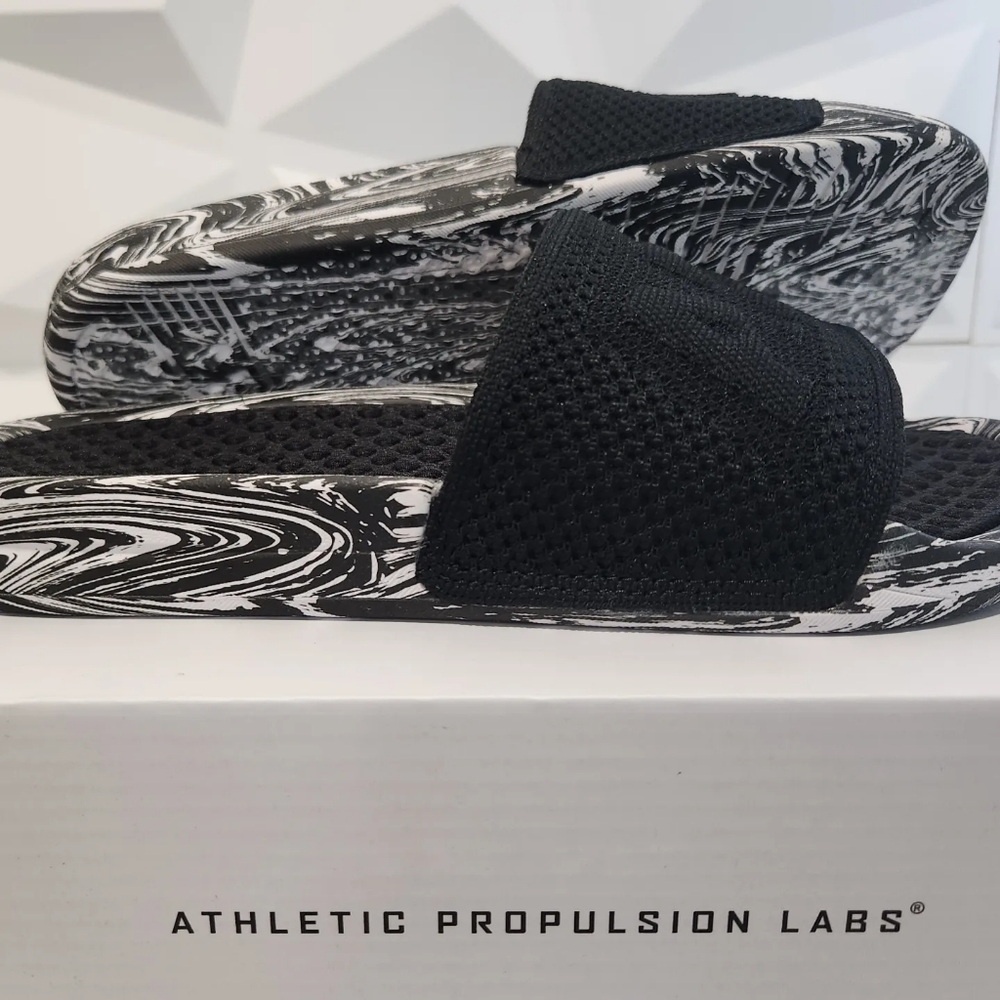APL Women's Big Logo TechLoom Slide Sandals, Vegan, Black/White/Marble, Size 5